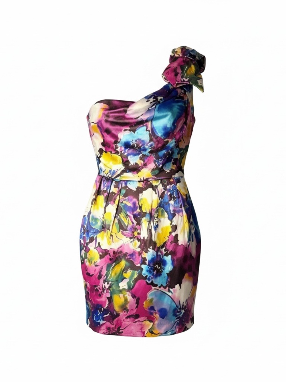 Bisou Bisou One-Shoulder Floral Cocktail Dress Women 14P Pink Blue Like New